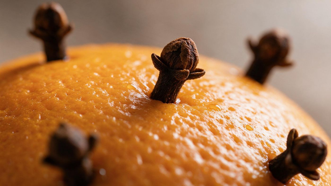 Pomarańcza z goździkami wbitymi w skórkę